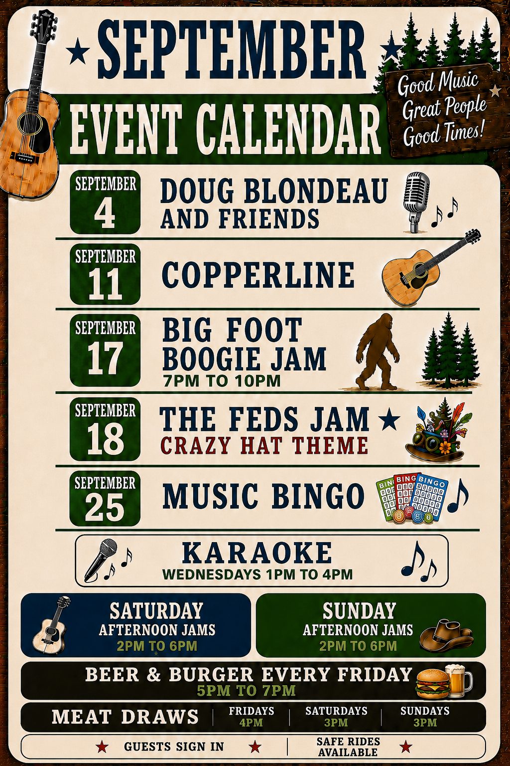 September 2026 events calendar for Eagles Aerie #2546 — darts, shuffleboard, meat draws and dinners